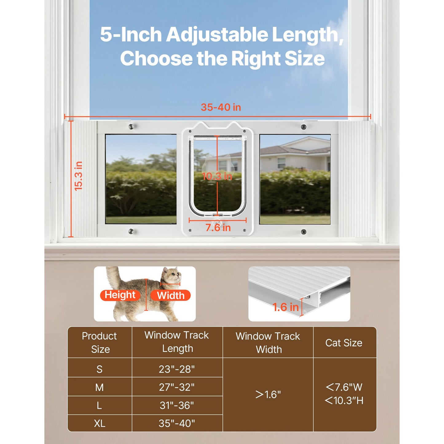 Cat Door for Window, Adjustable to Fit Window Width 35, 4 Secure