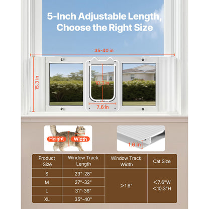 Cat Door for Window, Adjustable to Fit Window Width 35, 4 Secure