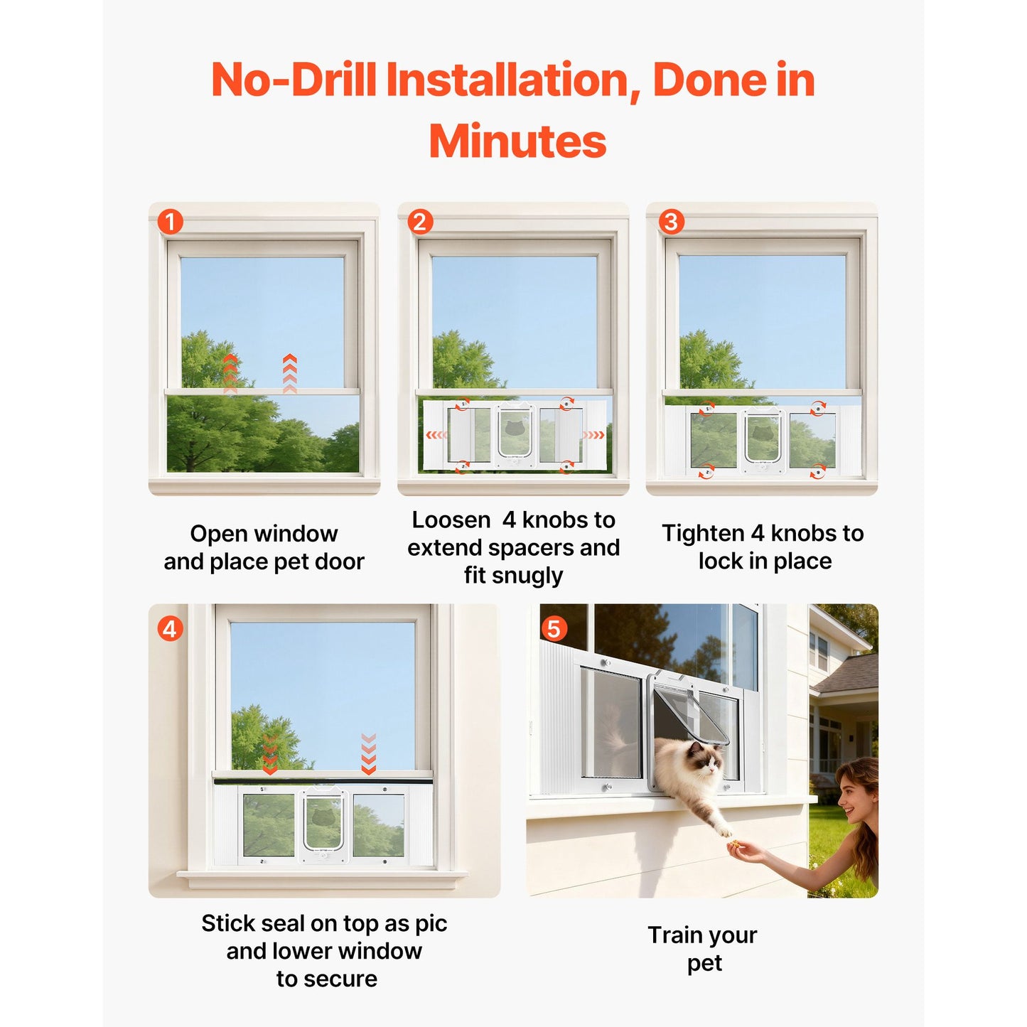 Cat Door for Window, Adjustable to Fit Window Width 35, 4 Secure