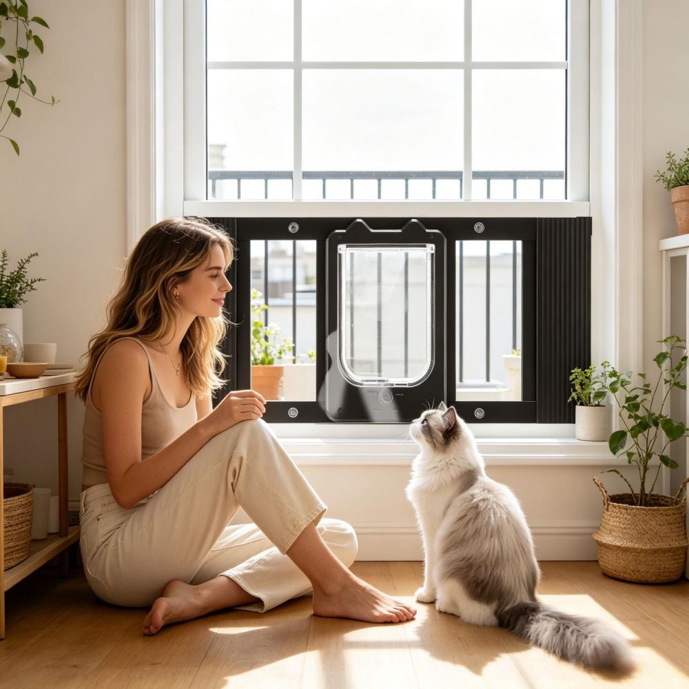 Cat Door for Window with Adjustable Length for Indoor