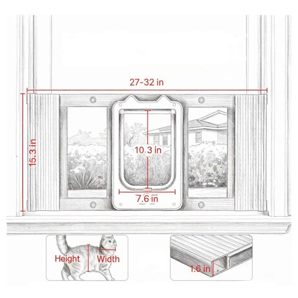Cat Door for Window with Adjustable Length for Indoor