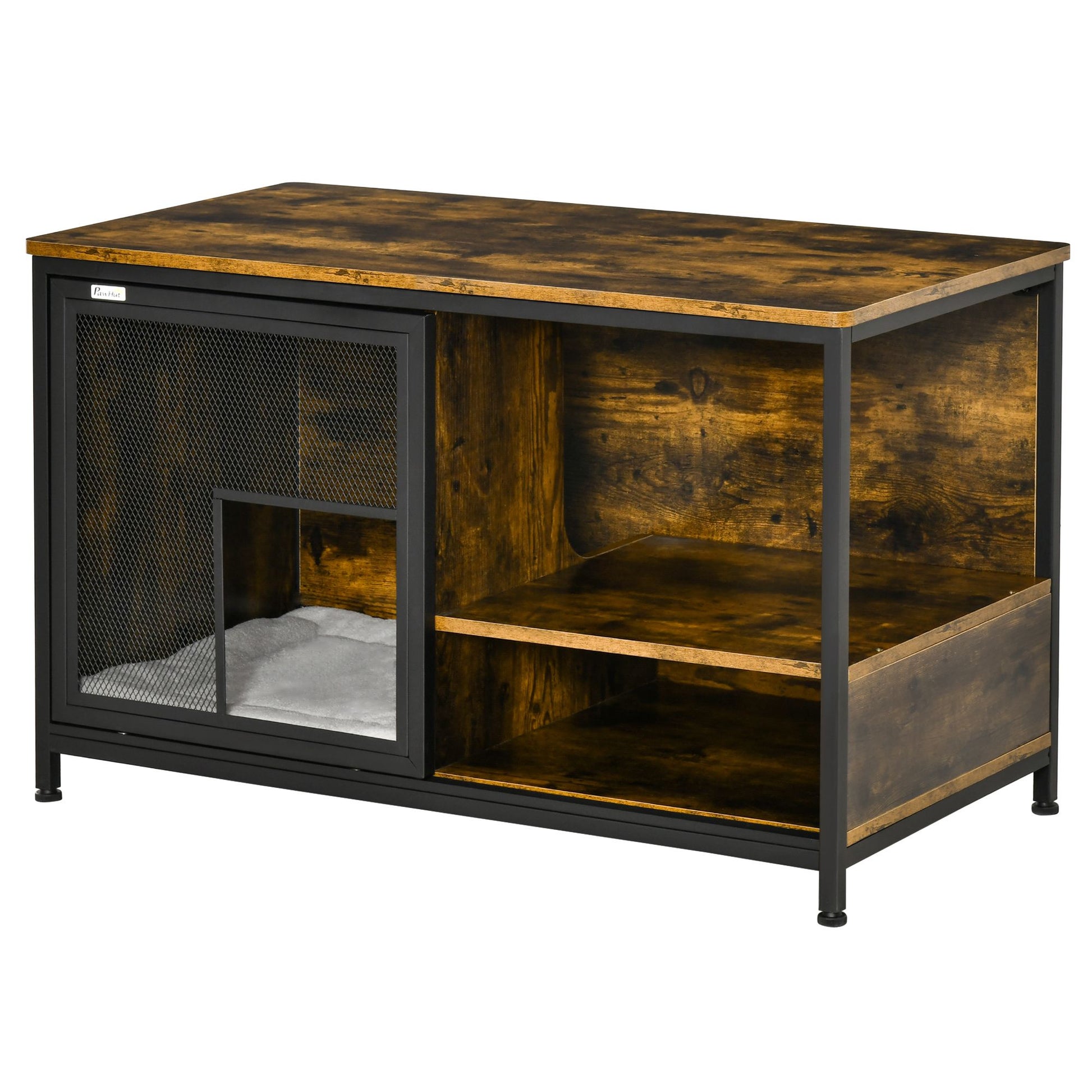 Cat Kennel End Table with Cushion Sliding Doors Wood Steel
