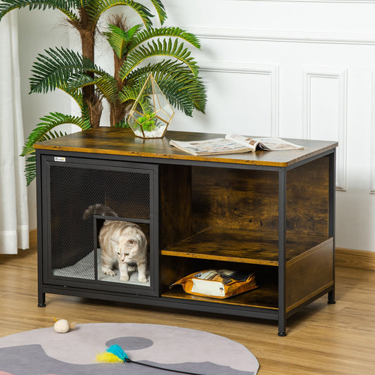 Cat Kennel End Table with Cushion Sliding Doors Wood Steel