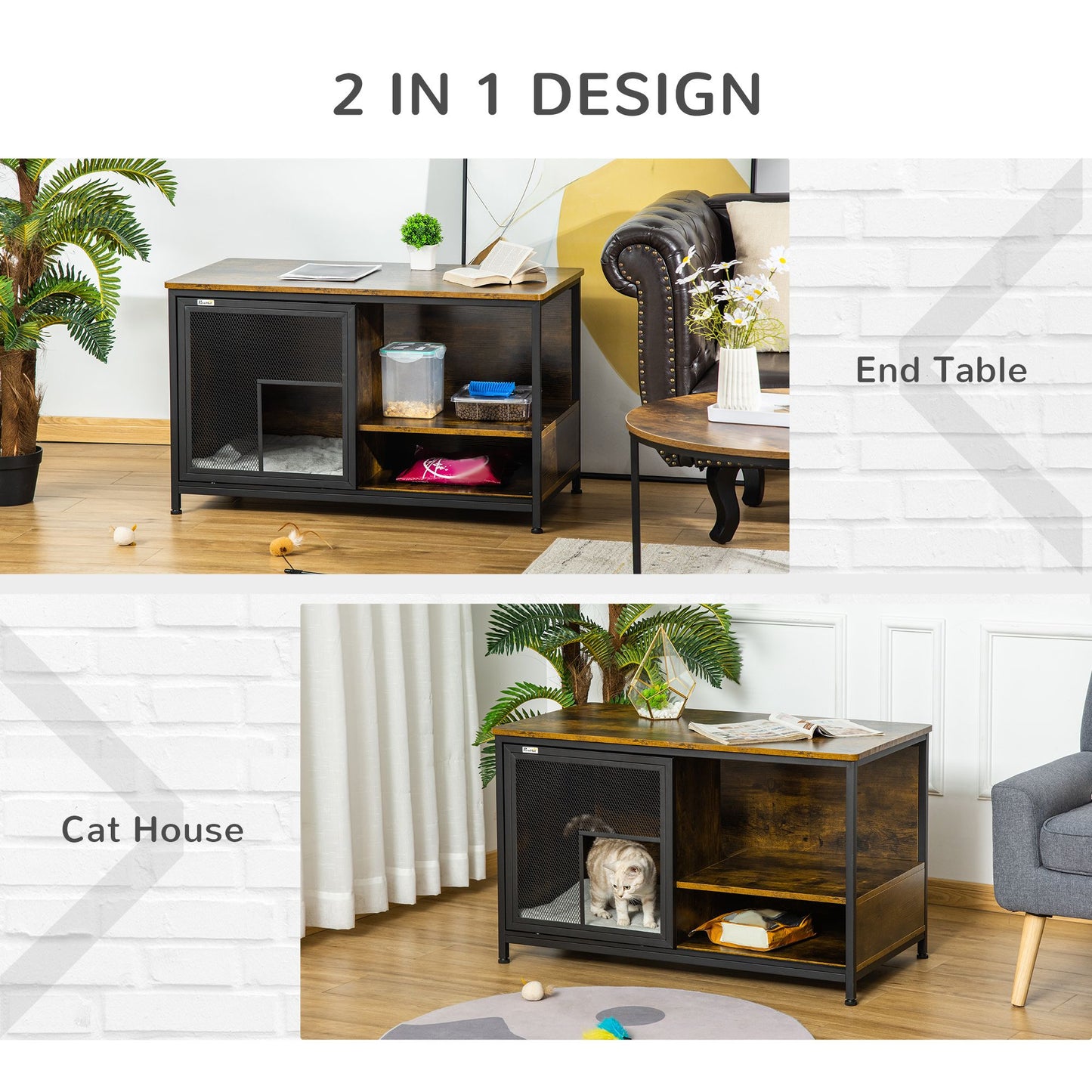 Cat Kennel End Table with Cushion Sliding Doors Wood Steel