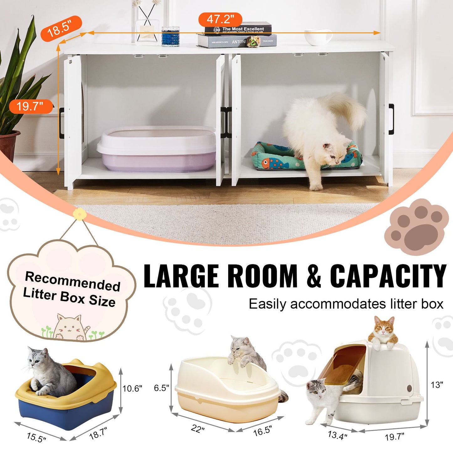 Cat Litter Box Enclosure for 2 Cats, Litter Box Furniture Hidden