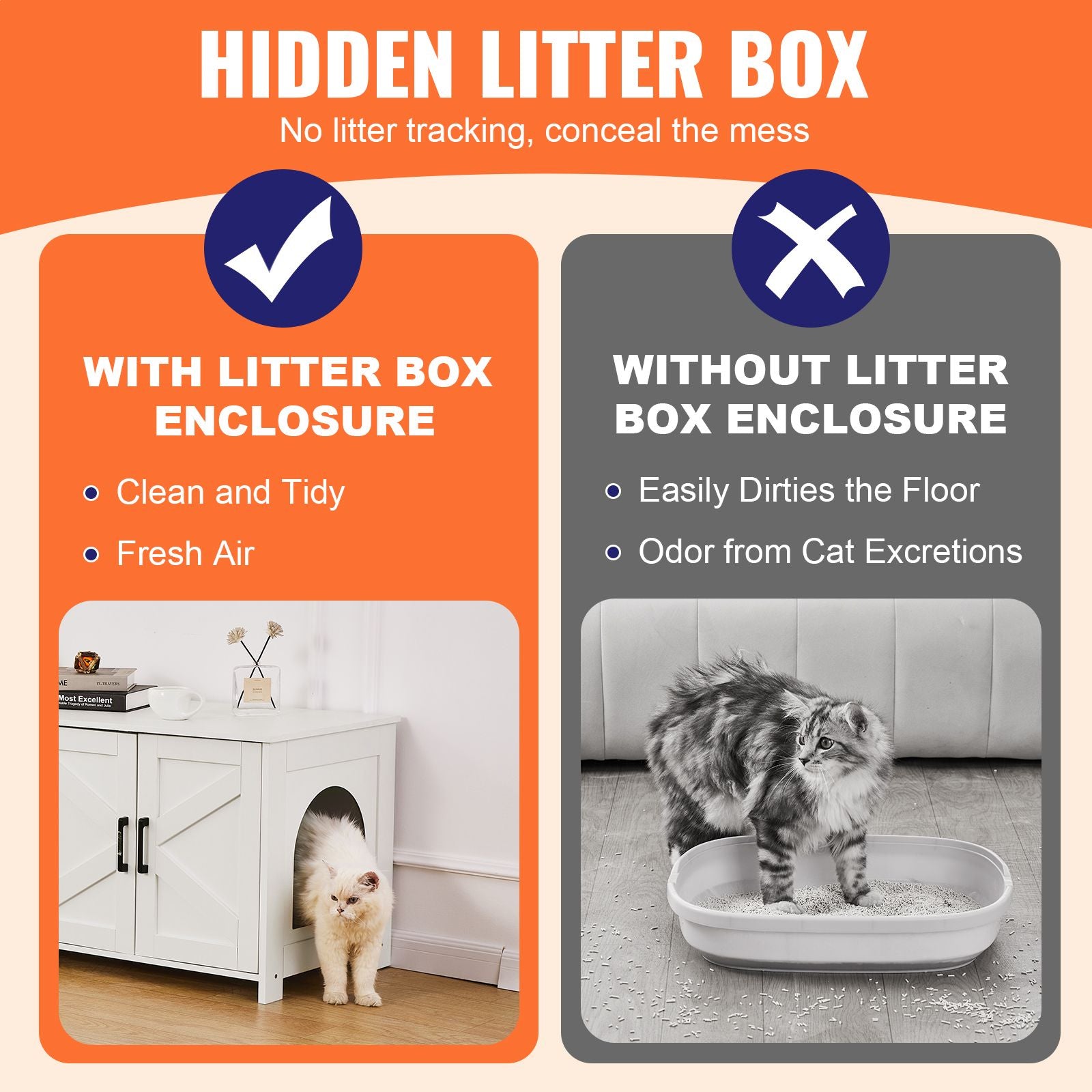 Cat Litter Box Enclosure for 2 Cats, Litter Box Furniture Hidden