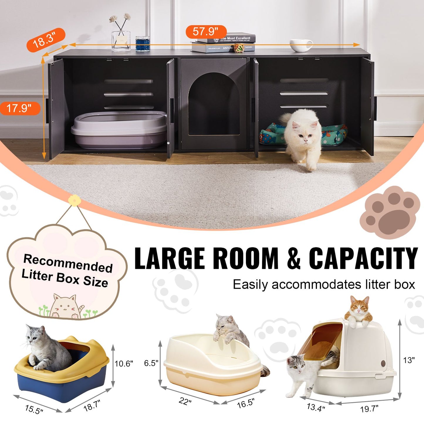 Cat Litter Box Enclosure for 2 Cats, Litter Box Furniture Hidden