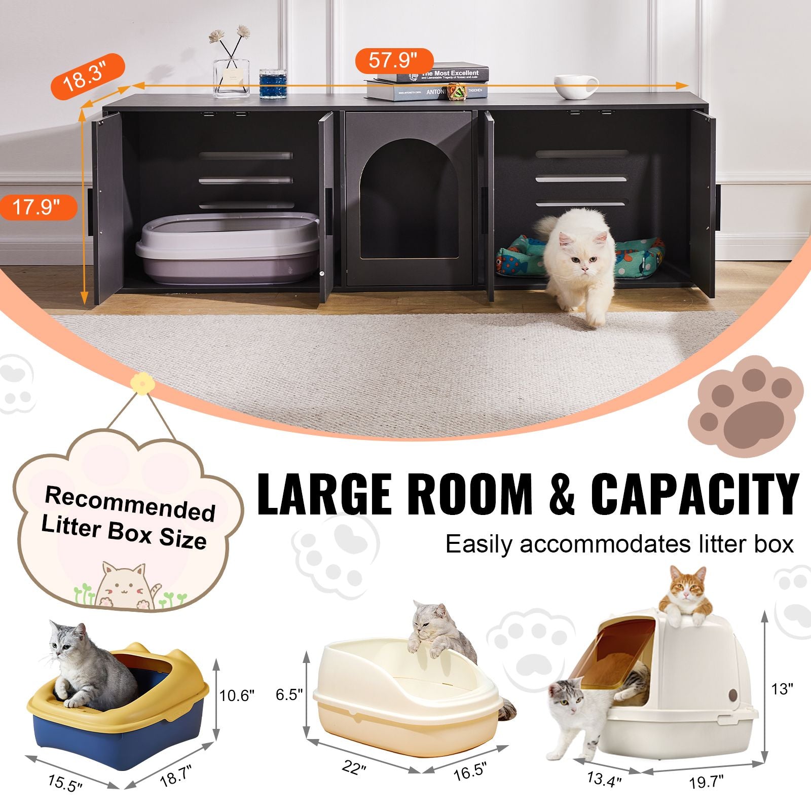 Cat Litter Box Enclosure for 2 Cats, Litter Box Furniture Hidden