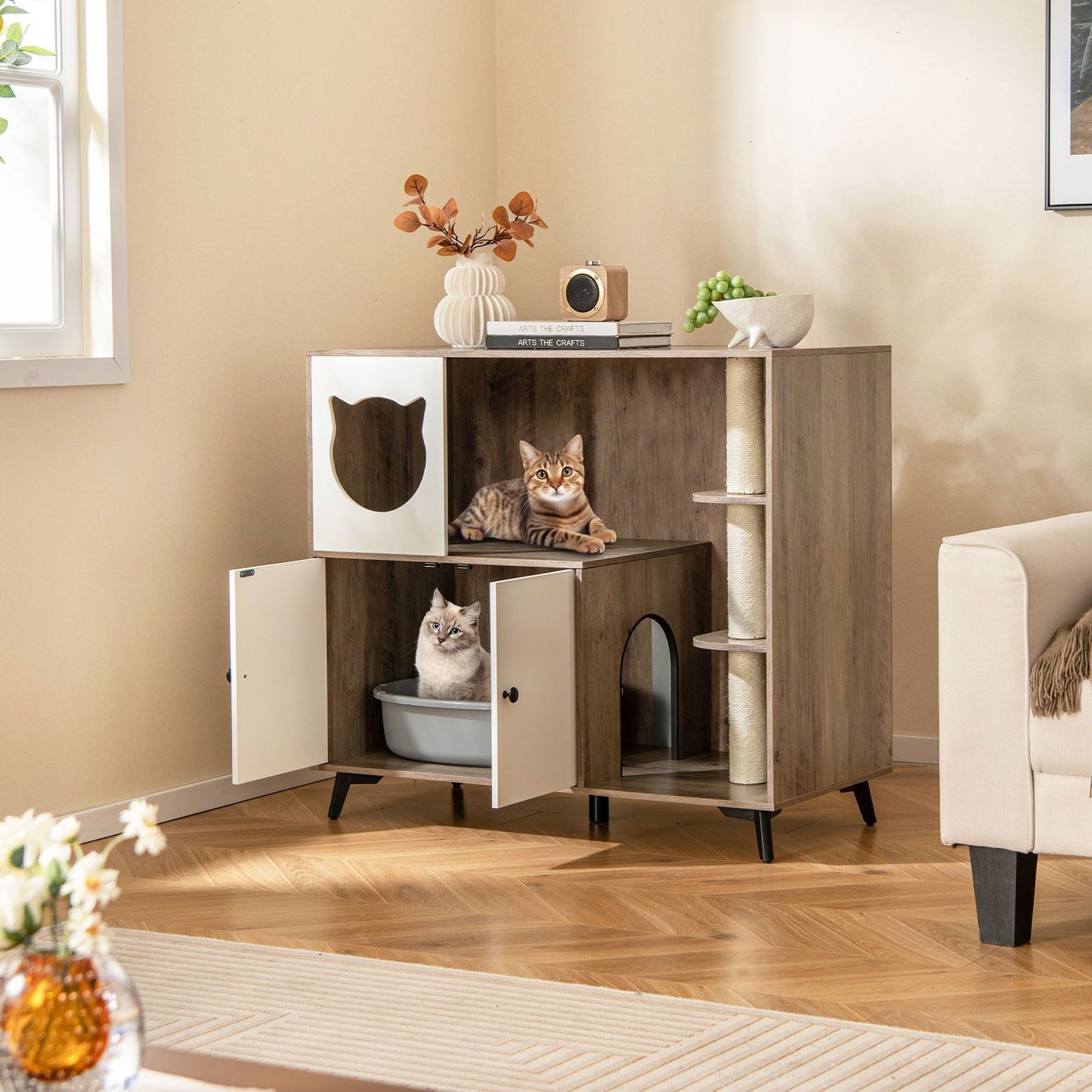 Cat Litter Box Enclosure with 3 Sisal Scratching Posts for Indoor