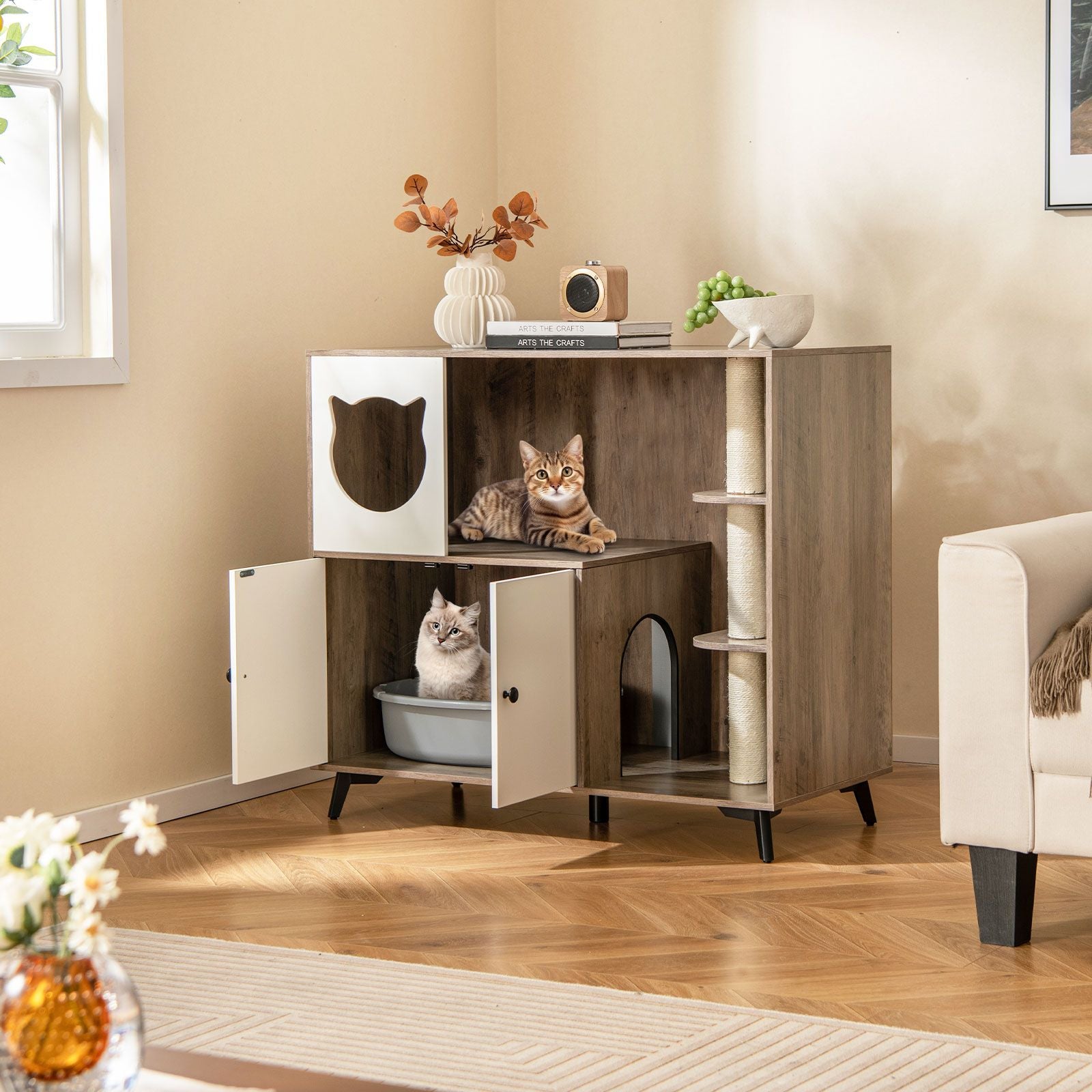 Cat Litter Box Enclosure with 3 Sisal Scratching Posts for Indoor