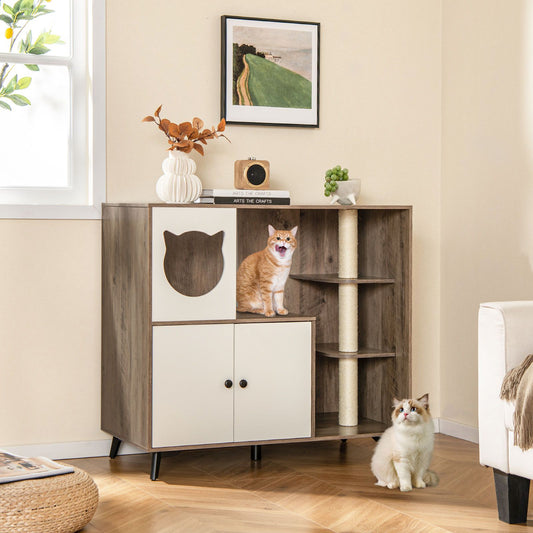 Cat Litter Box Enclosure with 3 Sisal Scratching Posts for Indoor