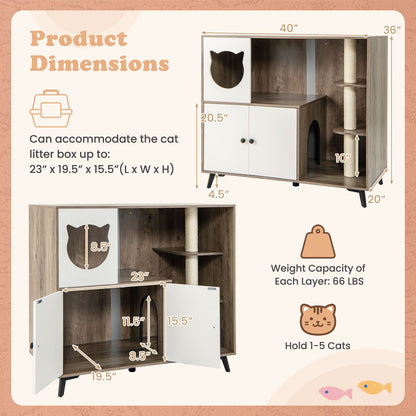 Cat Litter Box Enclosure with 3 Sisal Scratching Posts for Indoor