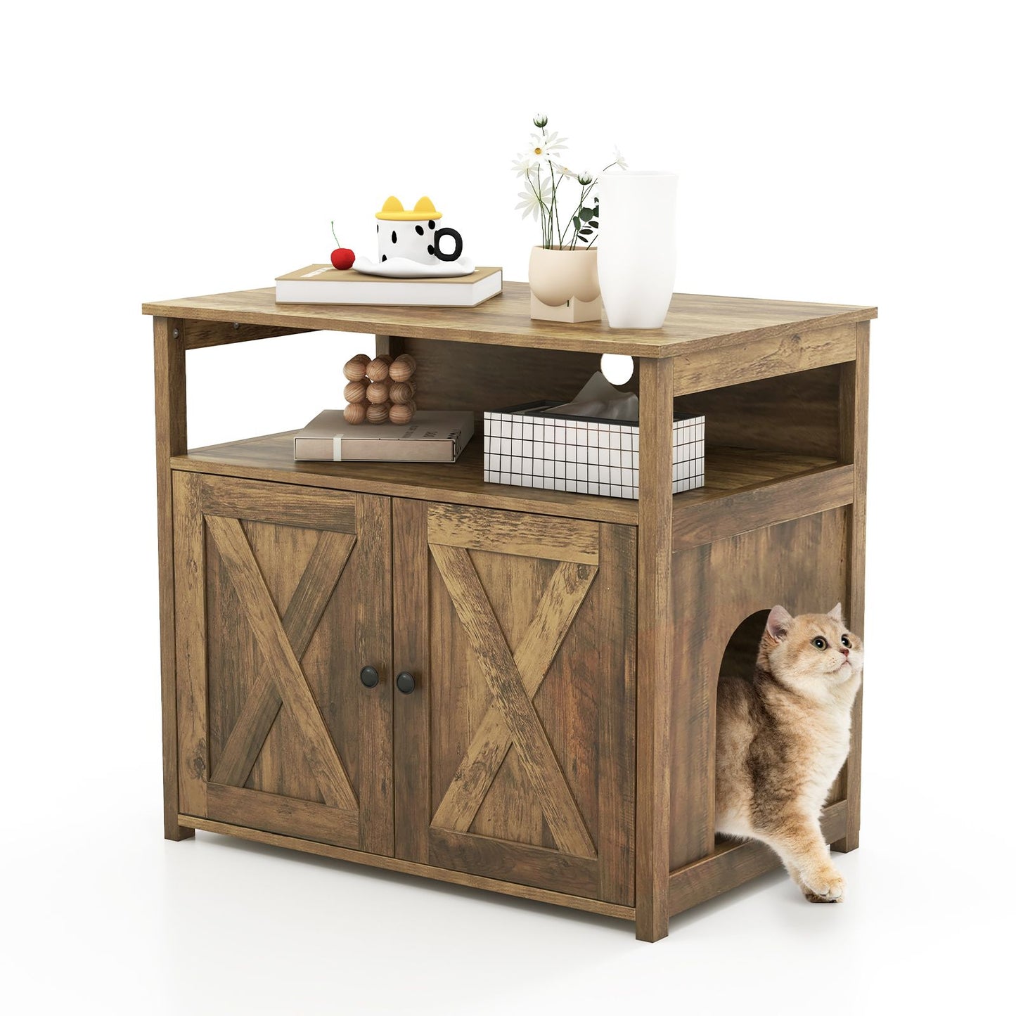 Cat Litter Box Enclosure with Double Barn Doors, Divider, Side