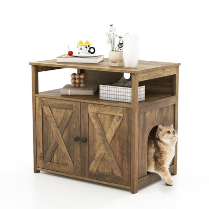Cat Litter Box Enclosure with Double Barn Doors, Divider, Side
