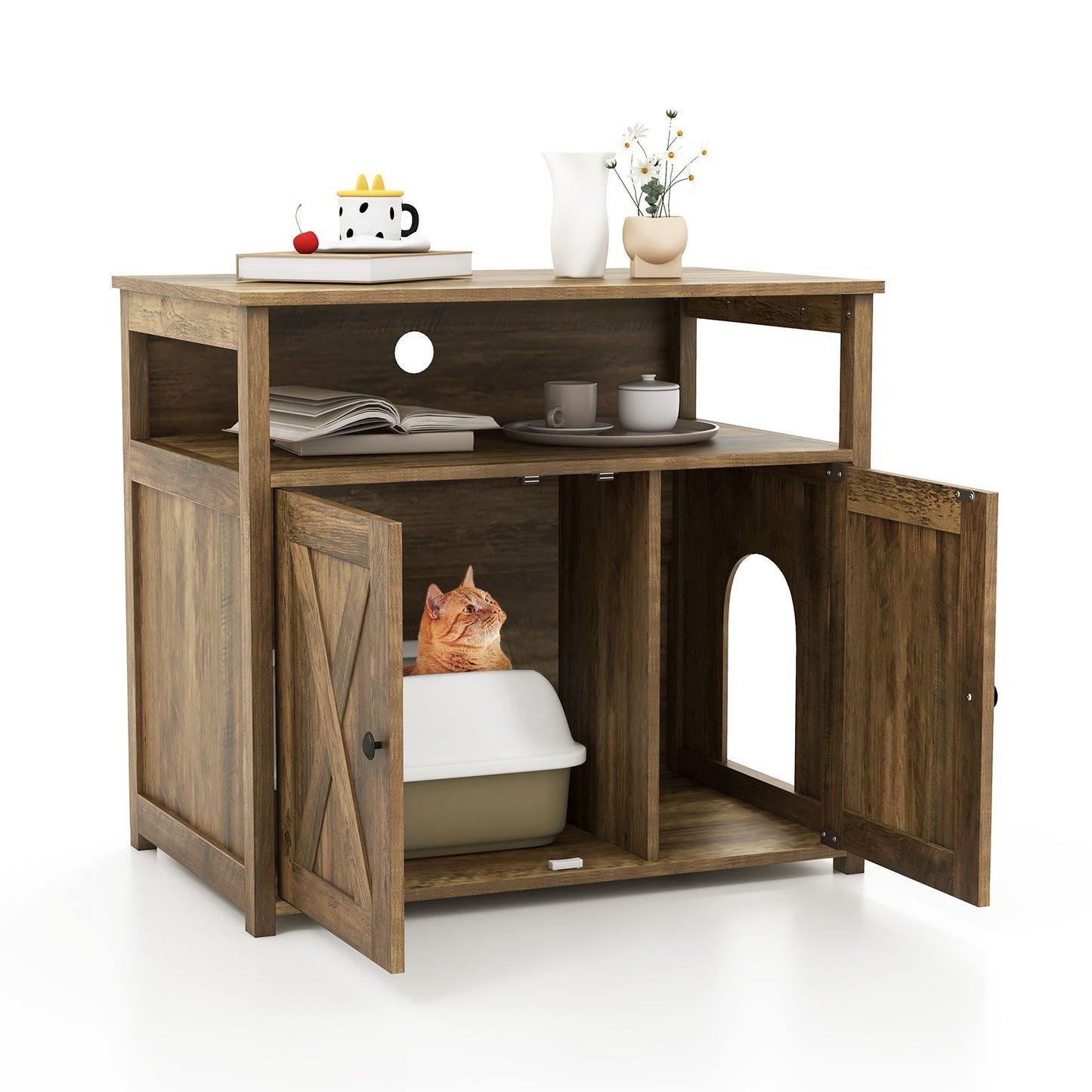 Cat Litter Box Enclosure with Double Barn Doors, Divider, Side