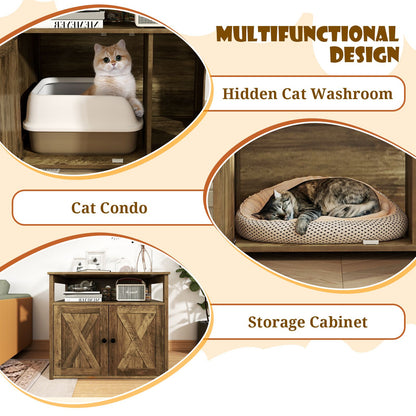 Cat Litter Box Enclosure with Double Barn Doors, Divider, Side