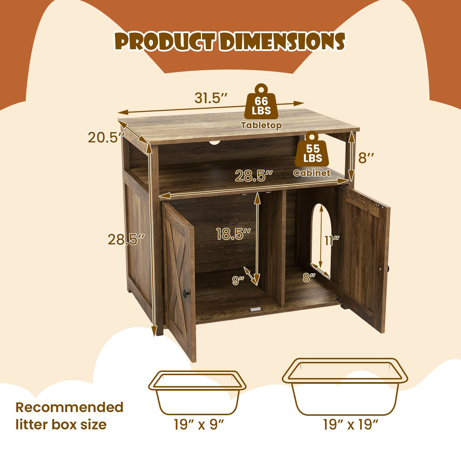 Cat Litter Box Enclosure with Double Barn Doors, Divider, Side