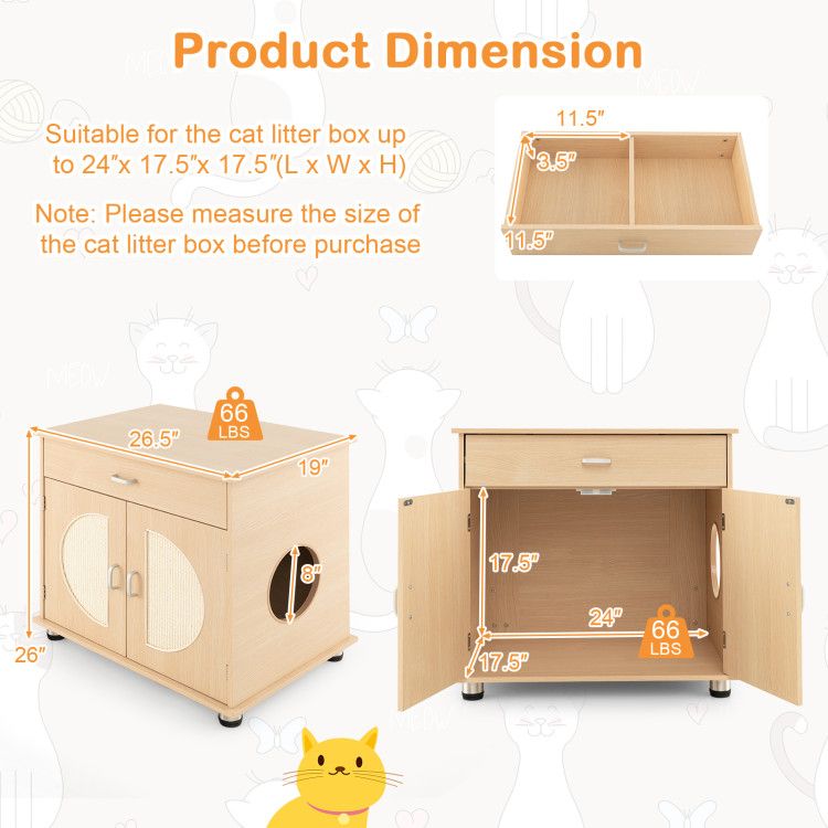 Cat Litter Box Enclosure with Sisal Scratching Doors and Storage