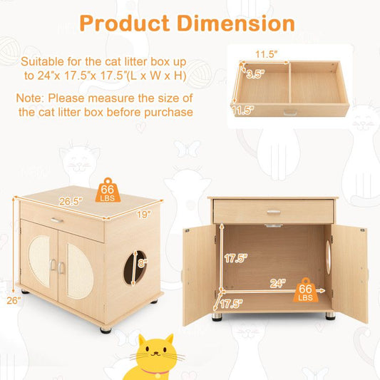 Cat Litter Box Enclosure with Sisal Scratching Doors and Storage