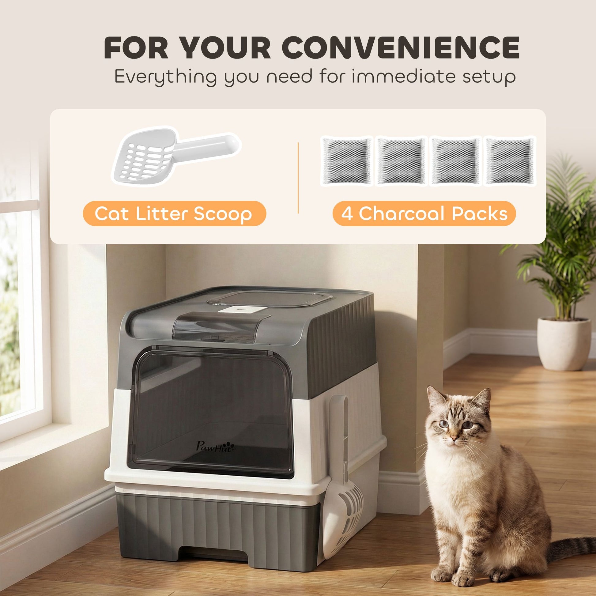 Cat Litter Box Hooded Cat Litter Tray with Drawer Pan Front Entry &