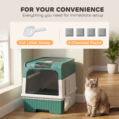 Cat Litter Box Hooded Cat Litter Tray with Drawer Pan Front Entry &