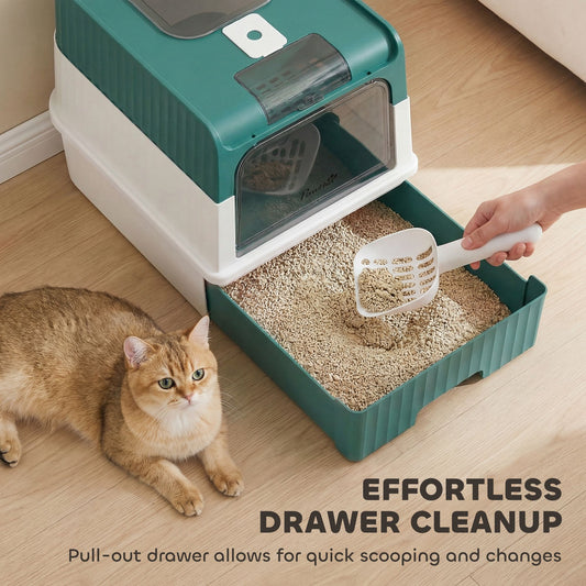 Cat Litter Box Hooded Cat Litter Tray with Drawer Pan Front Entry &