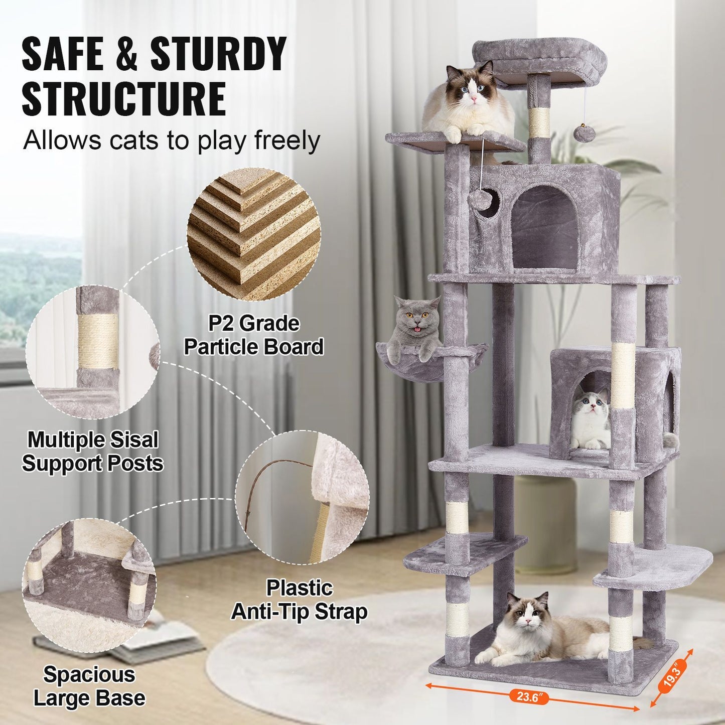 Cat Tree for Indoor Cats, 68.5" Cat Tower with 2 Cat Condos, Sisal