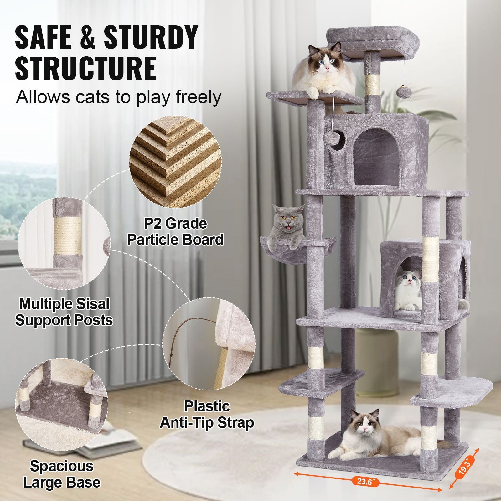 Cat Tree for Indoor Cats, 68.5" Cat Tower with 2 Cat Condos, Sisal