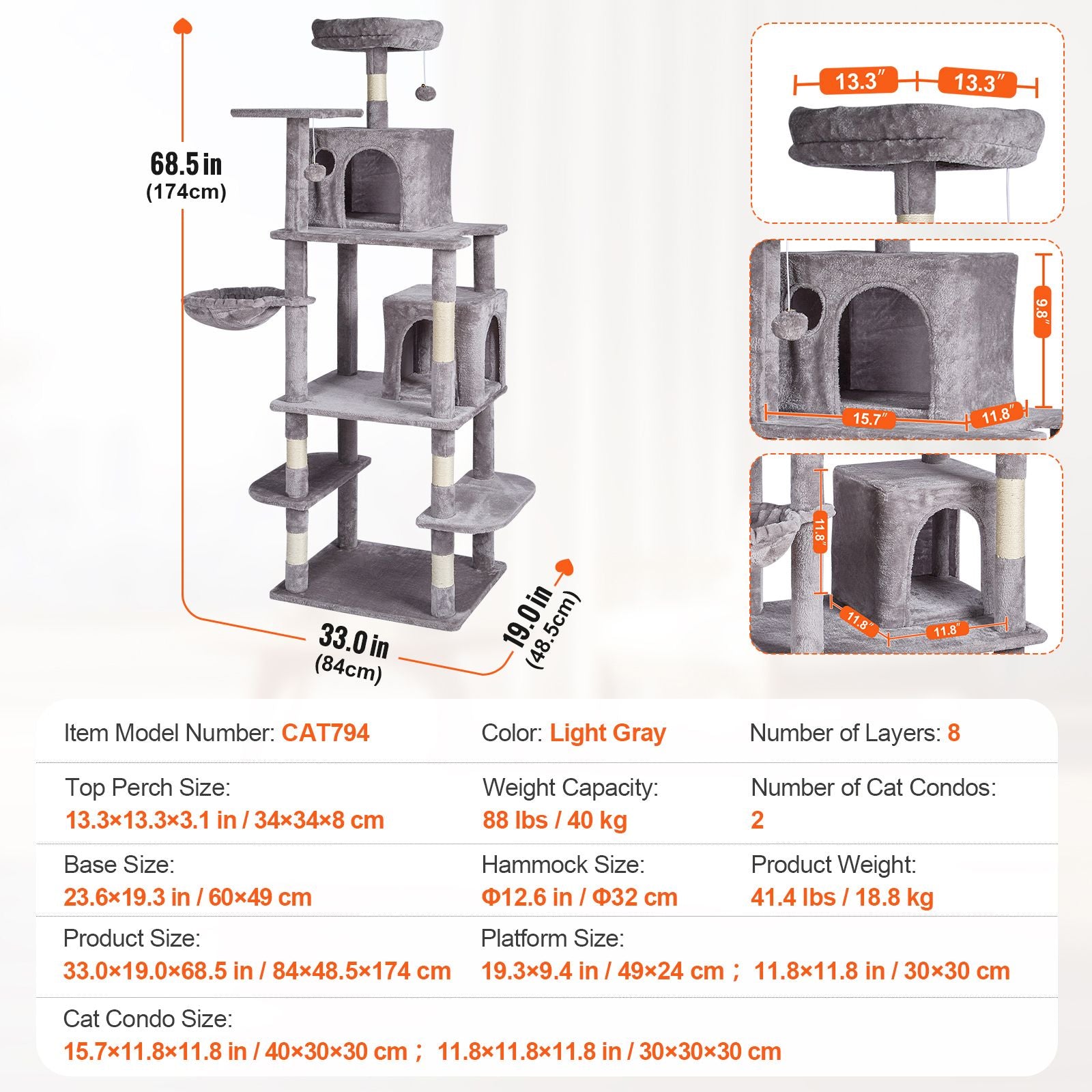 Cat Tree for Indoor Cats, 68.5" Cat Tower with 2 Cat Condos, Sisal