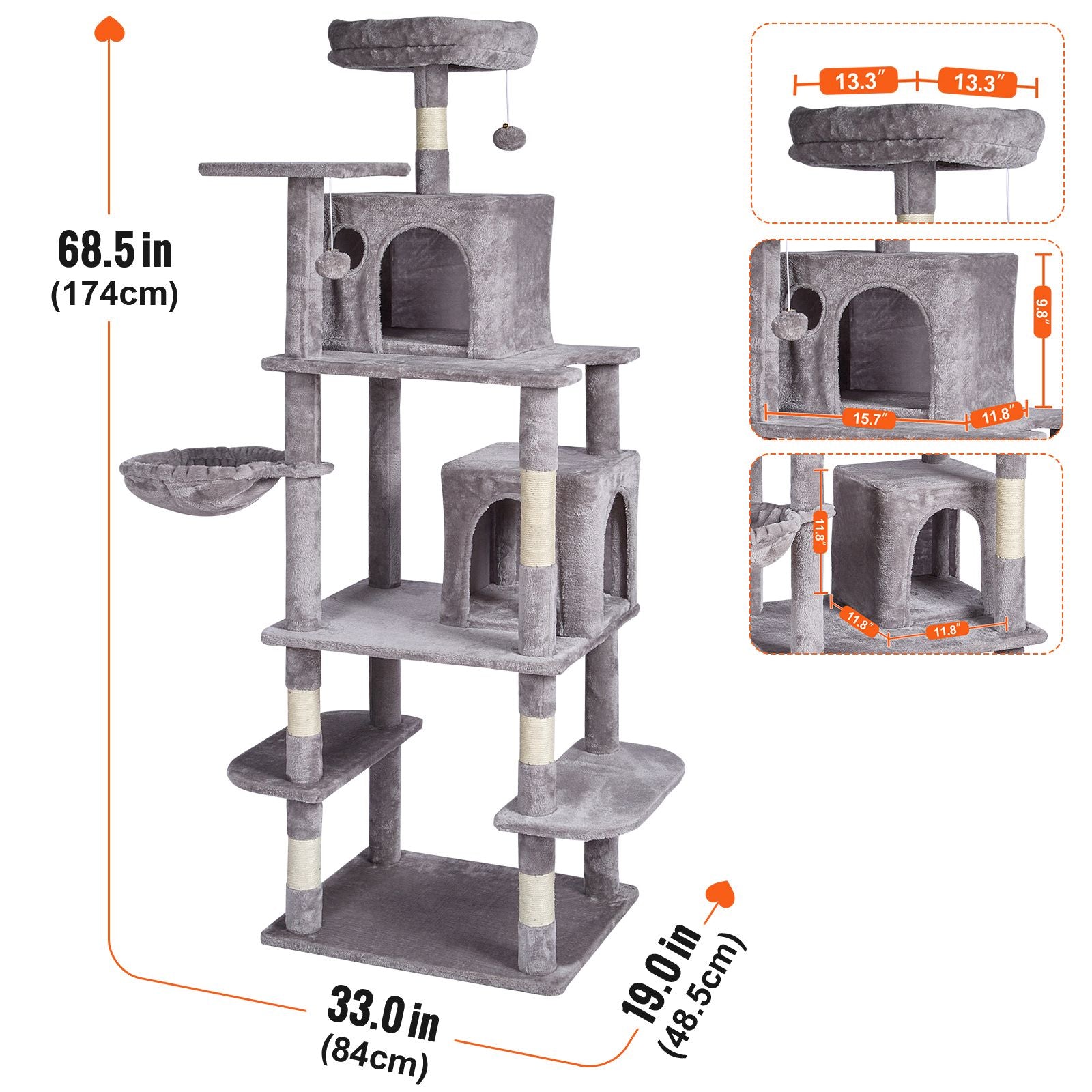 Cat Tree for Indoor Cats, 68.5" Cat Tower with 2 Cat Condos, Sisal