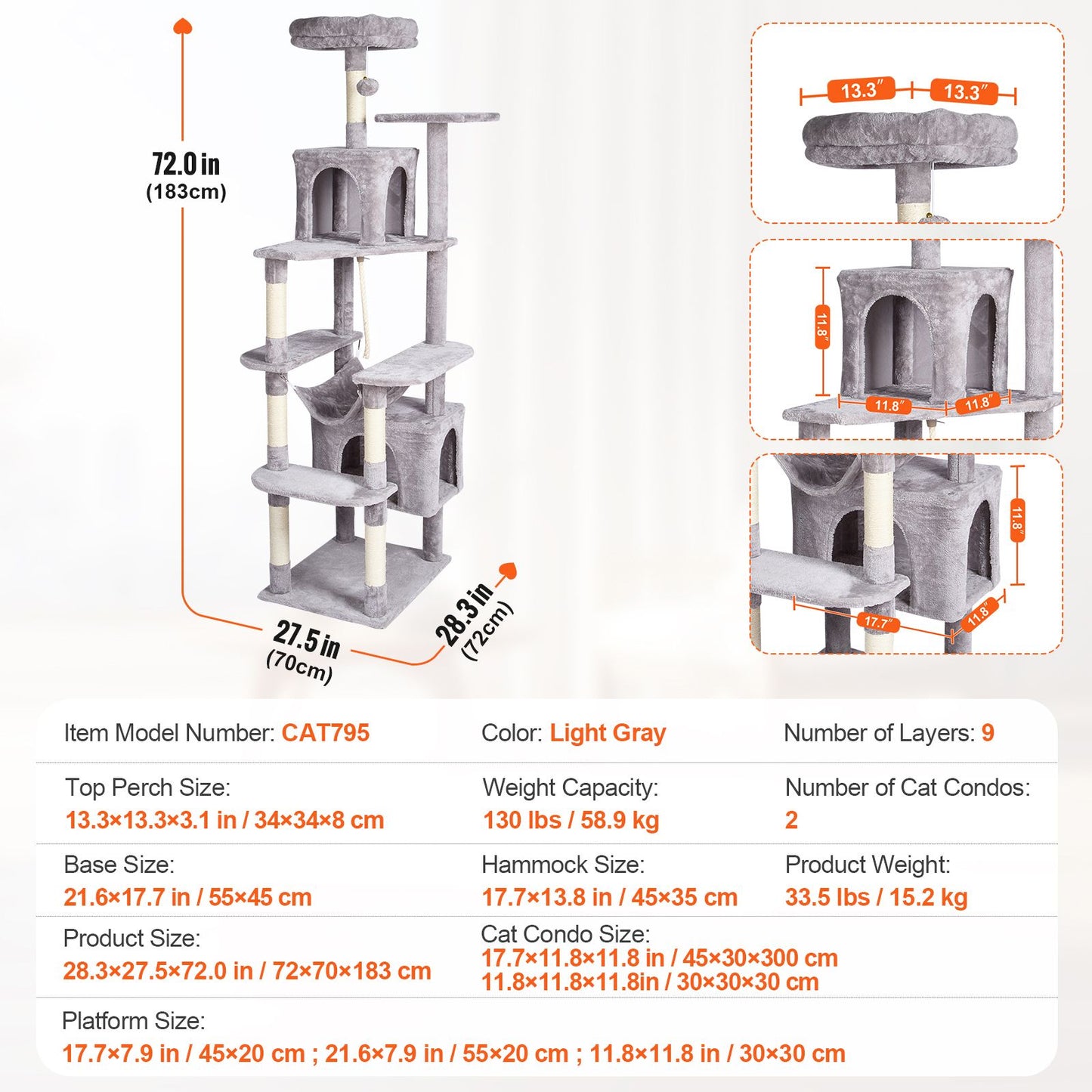 Cat Tree for Indoor Cats, 72" Cat Tower with 2 Cat Condos, Sisal