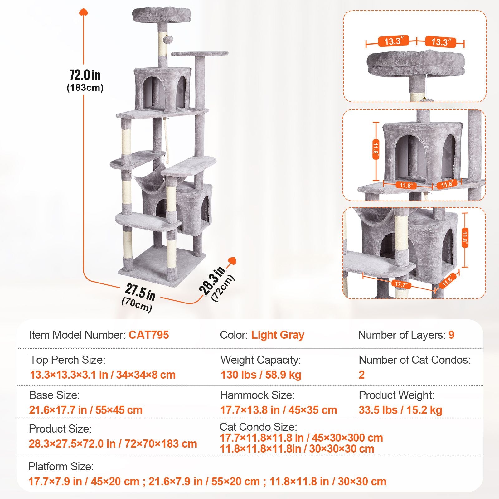 Cat Tree for Indoor Cats, 72" Cat Tower with 2 Cat Condos, Sisal