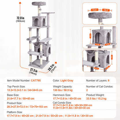 Cat Tree for Indoor Cats, 72" Cat Tower with 2 Cat Condos, Sisal
