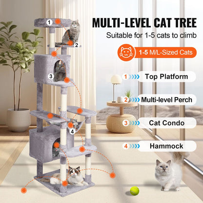 Cat Tree for Indoor Cats, 72" Cat Tower with 2 Cat Condos, Sisal