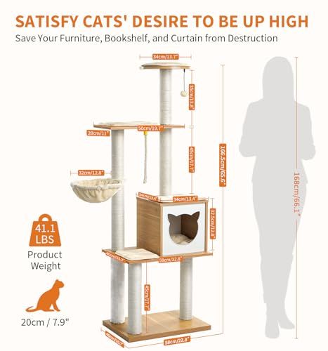 Cat Tree, Modern Cat Tree Tower for Indoor Cats - 65" Tall Wood