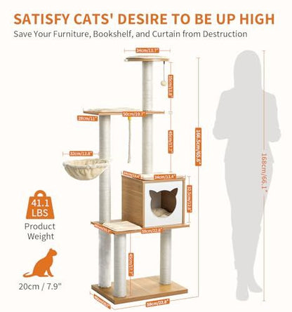 Cat Tree, Modern Cat Tree Tower for Indoor Cats - 65" Tall Wood