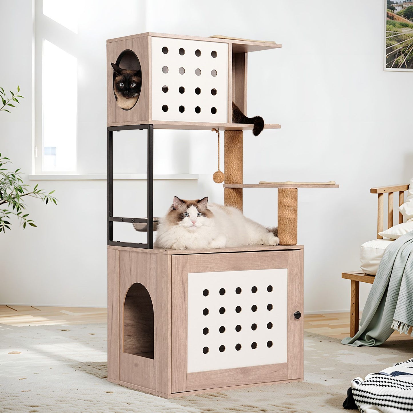 Cat Tree with Litter Box Enclosure, All-in-One Cat Tower for Indoor