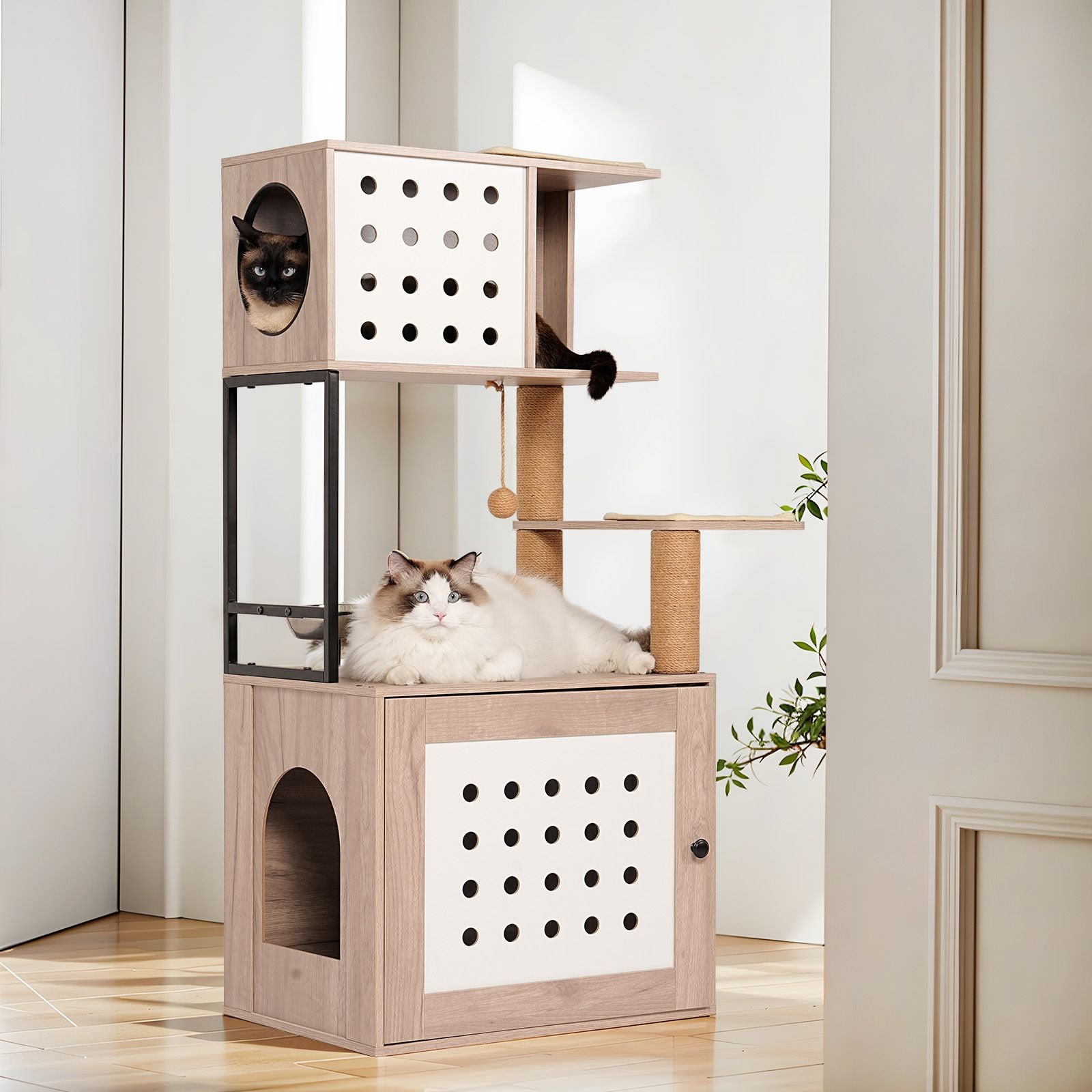 Cat Tree with Litter Box Enclosure, All-in-One Cat Tower for Indoor