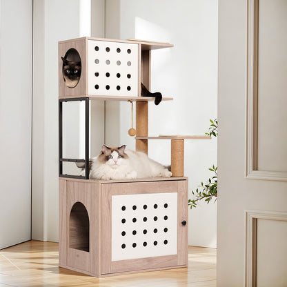 Cat Tree with Litter Box Enclosure, All-in-One Cat Tower for Indoor
