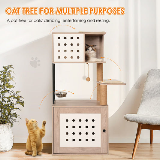 Cat Tree with Litter Box Enclosure, All-in-One Cat Tower for Indoor