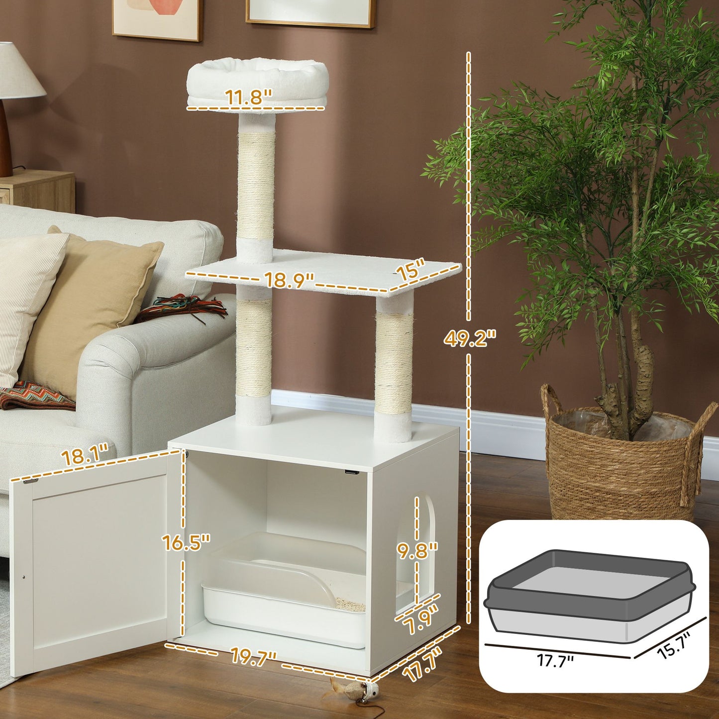Cat Tree with Litter Box Enclosure, Scratching Posts, Bed, Climbing