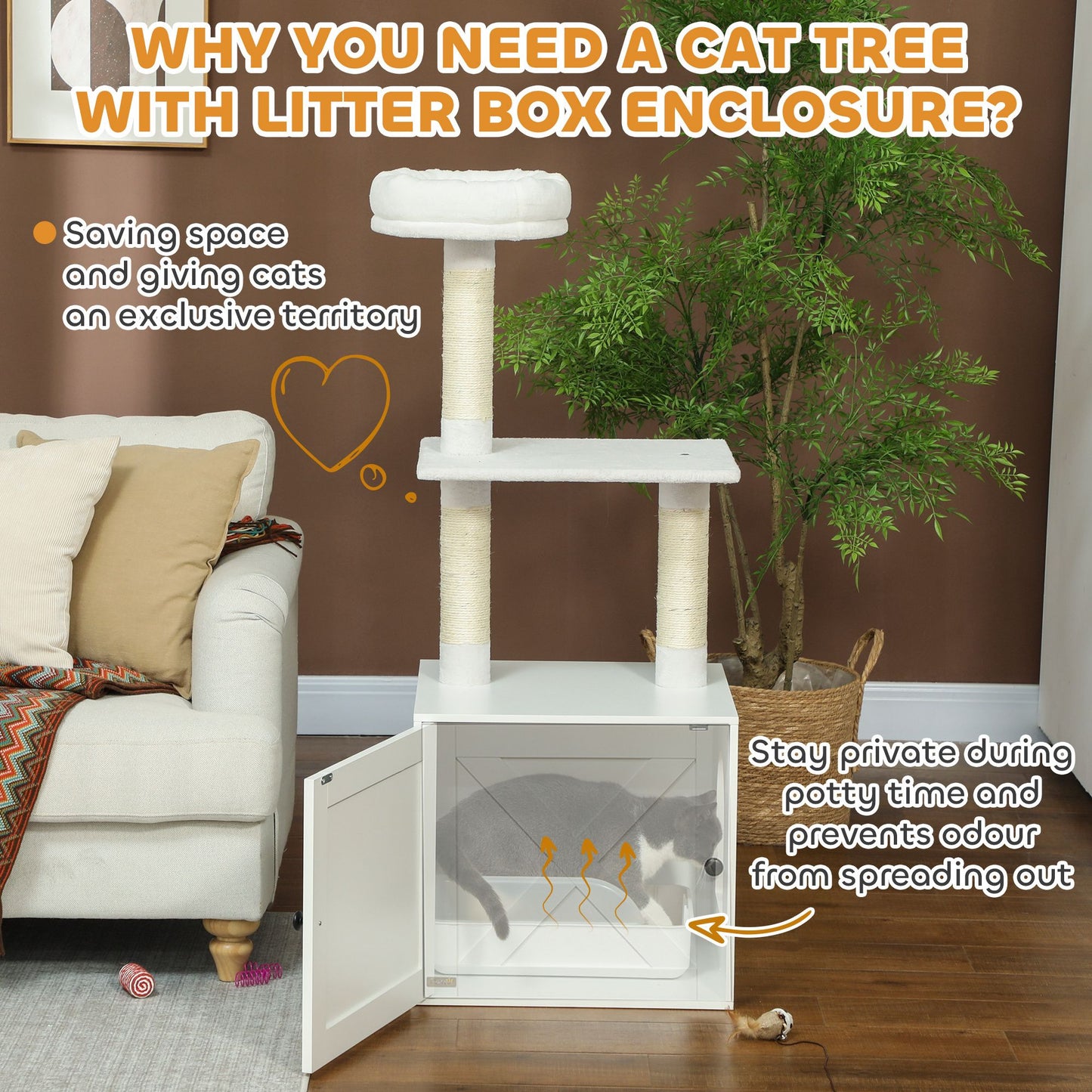 Cat Tree with Litter Box Enclosure, Scratching Posts, Bed, Climbing