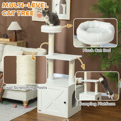 Cat Tree with Litter Box Enclosure, Scratching Posts, Bed, Climbing