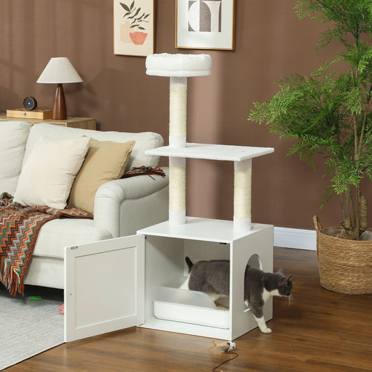 Cat Tree with Litter Box Enclosure, Scratching Posts, Bed, Climbing