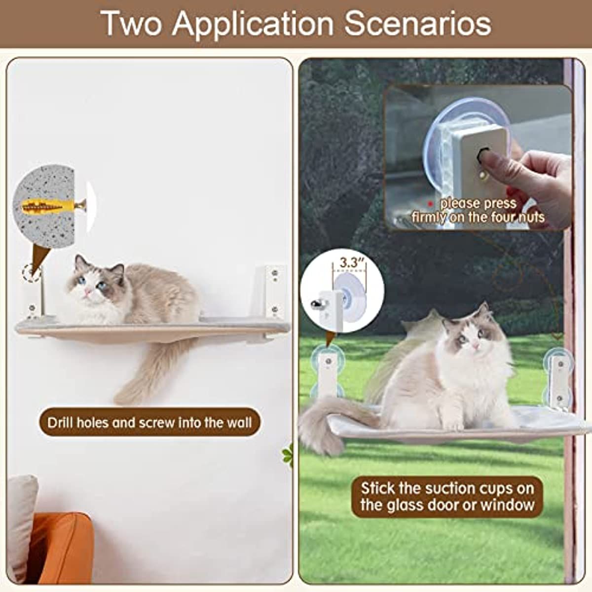 Cordless Folding Cat Window Perch; Cat Hammock for Window and Wall;
