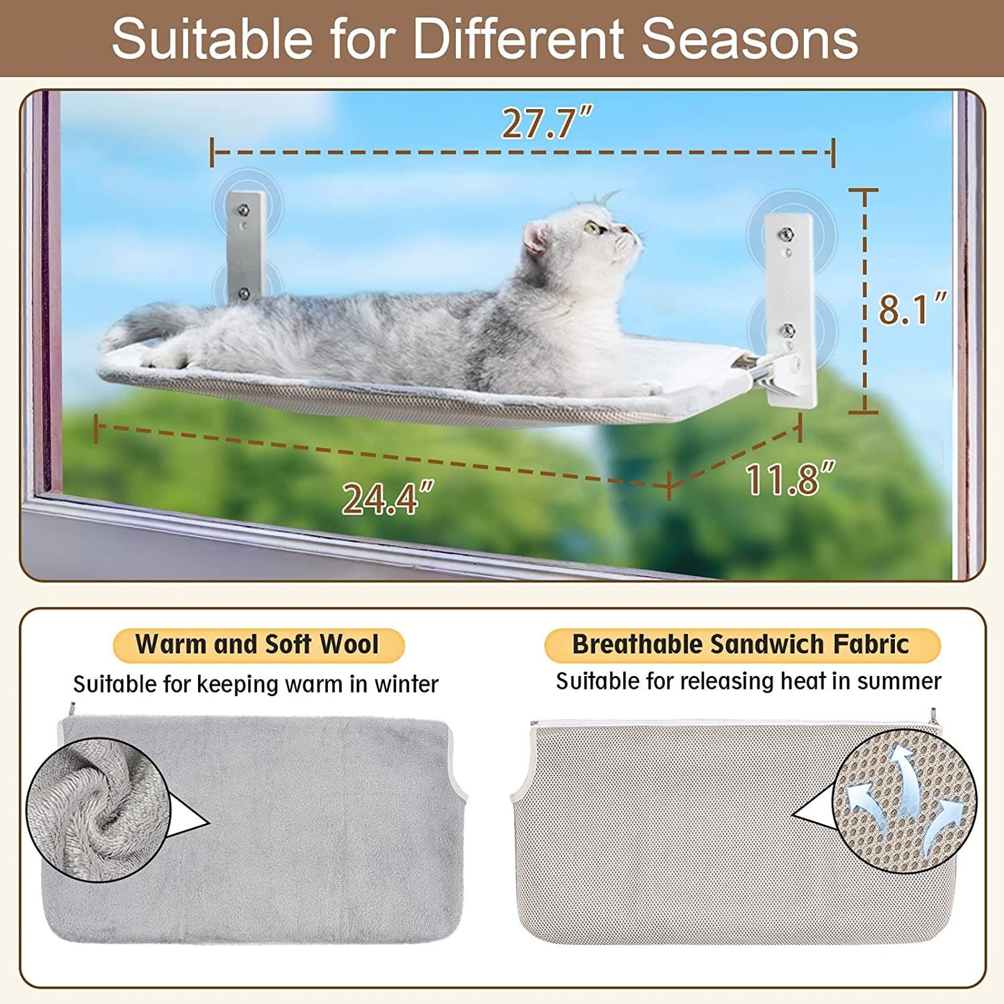 Cordless Folding Cat Window Perch; Cat Hammock for Window and Wall;