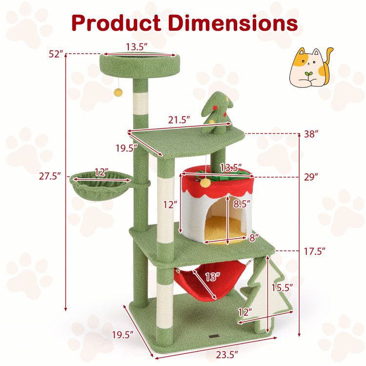 Cute Christmas Cat Tree with Sisal Scratching Posts and Gift Box
