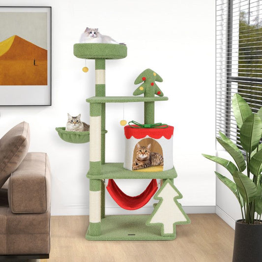 Cute Christmas Cat Tree with Sisal Scratching Posts and Gift Box