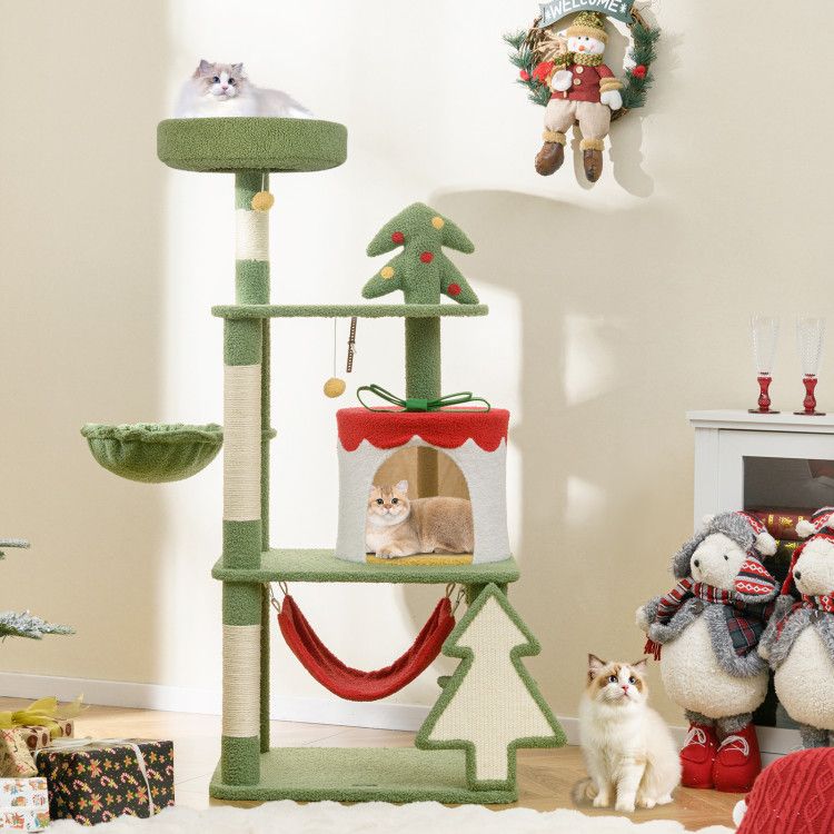 Cute Christmas Cat Tree with Sisal Scratching Posts and Gift Box