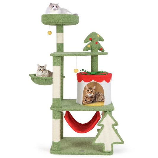Cute Christmas Cat Tree with Sisal Scratching Posts and Gift Box